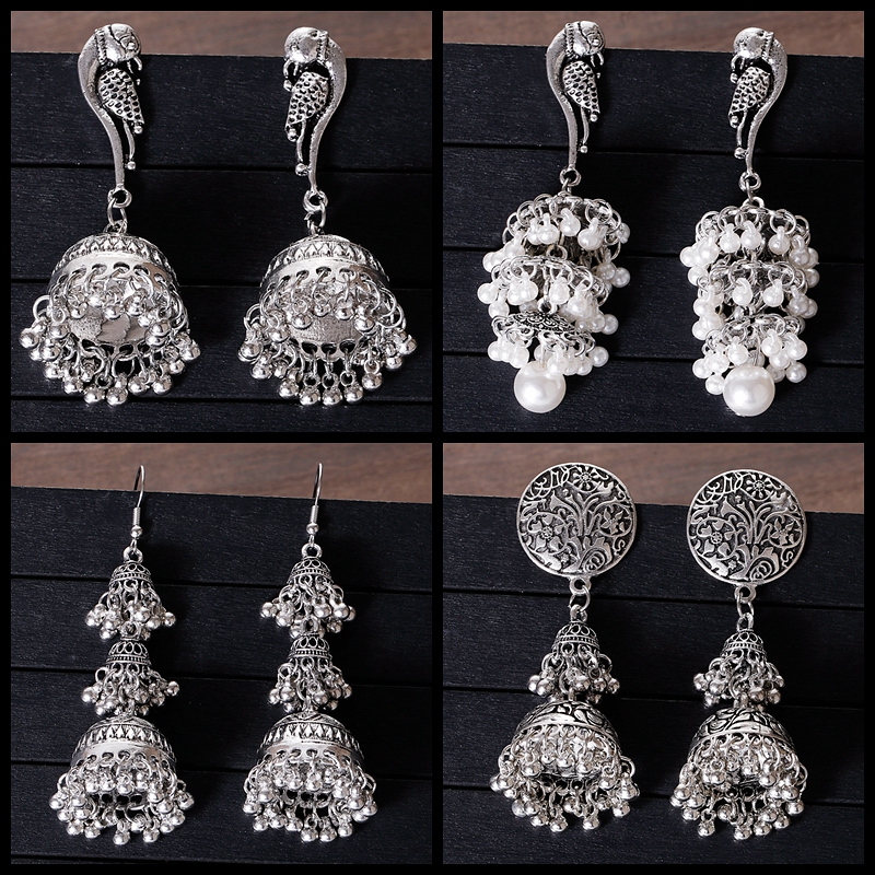 Ethnic Fashion For Ladies - Ethnic Silver Color Peacock Bell Earrings