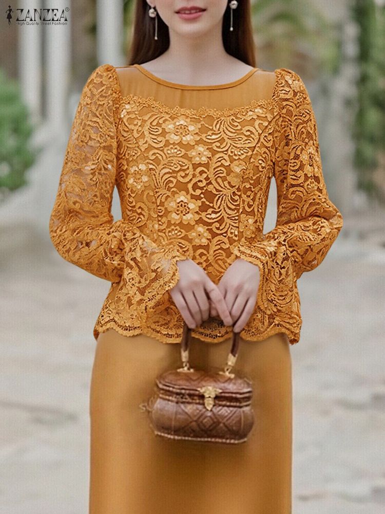 Thai Silk Blouse - 2025 ZANZEA Autumn Lace Patchwork Blouse