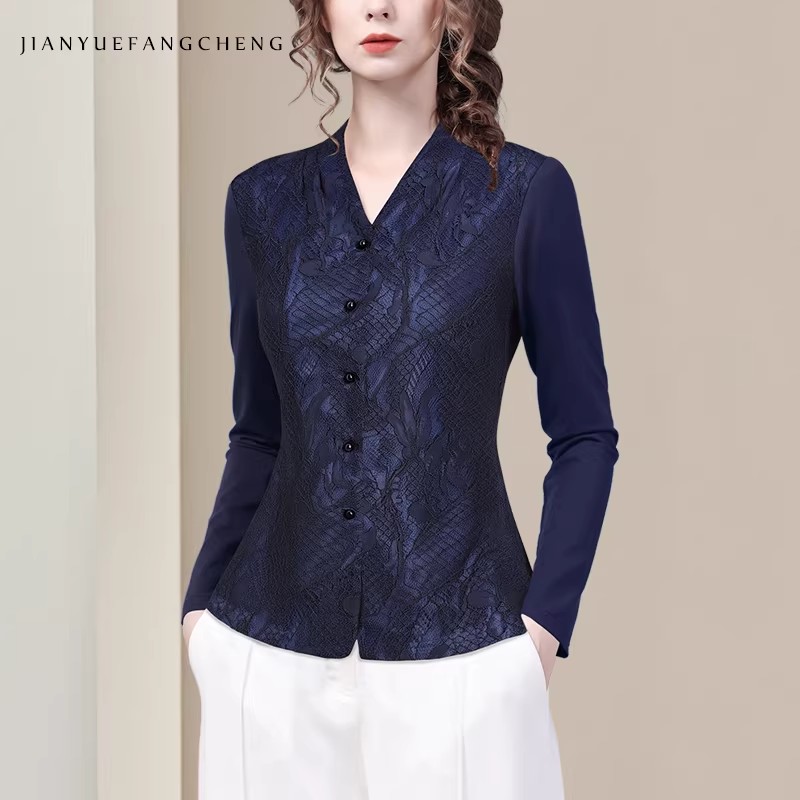 Thai Silk Blouse - Women' V neck Long Sleeve Blue