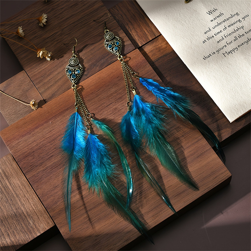 Ethnic Fashion For Ladies - Bohemian Long Feather Tassel Rhinestone Earrings
