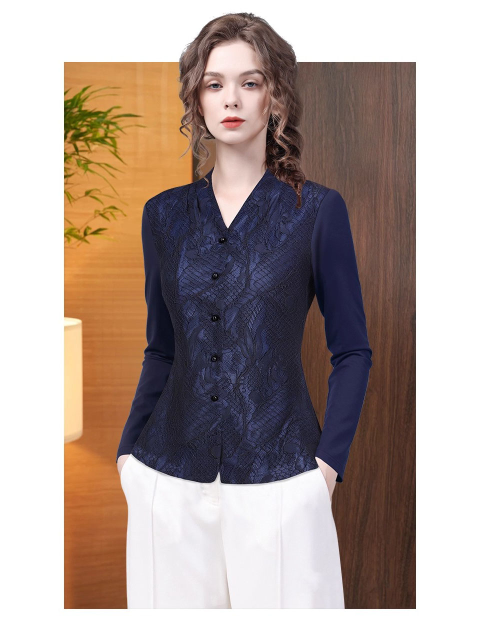Women' V neck Long Sleeve Blue - Thai Silk Blouse 리뷰 및 가격
